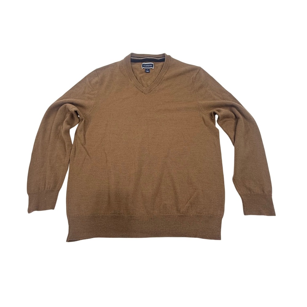 Club Room Men's V‎ Neck Sweater Camel Brown Merino Wool Blend Size L